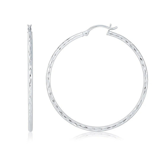 14k White Gold Diamond Cut Hoop Earrings (1 3/4 inch Diameter)