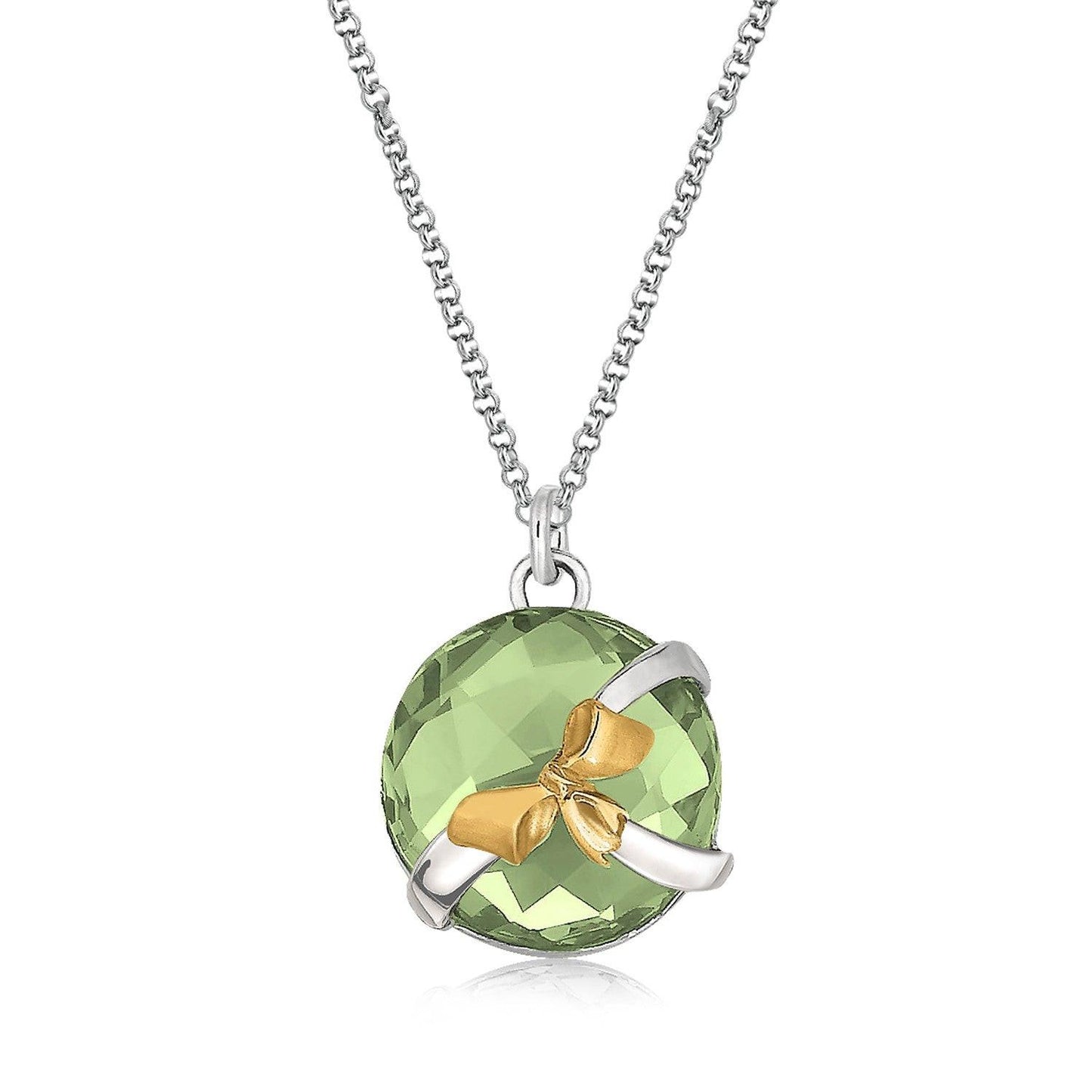 18K Yellow Gold and Sterling Silver Pendant with Bow and Green Amethyst Accents