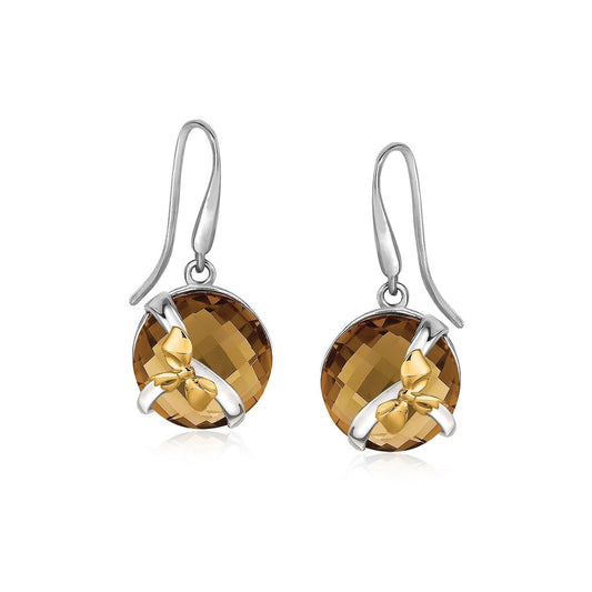 18K Yellow Gold and Sterling Silver Bow Motif Round Whiskey Quartz Drop Earrings