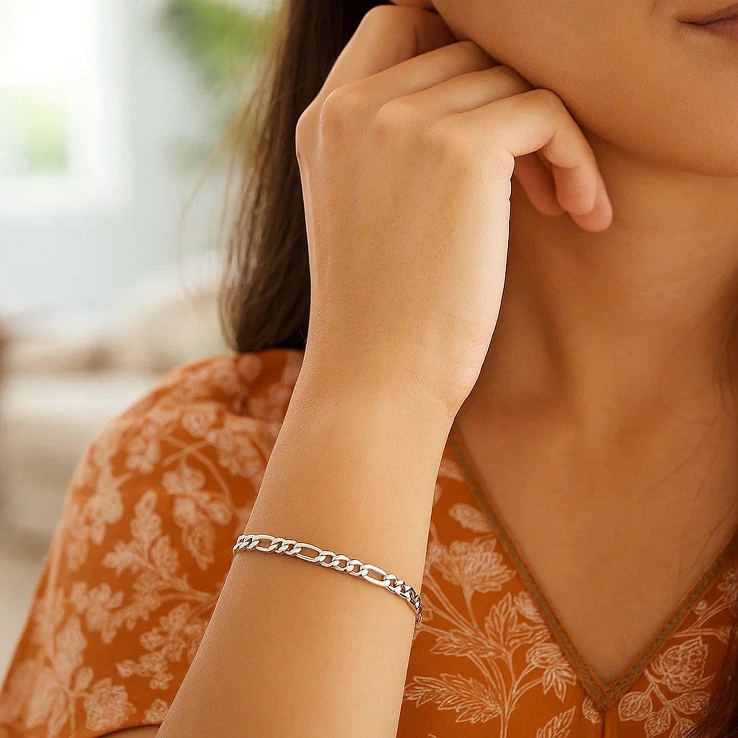 14k White Gold Solid Figaro Bracelet (2.60 mm)