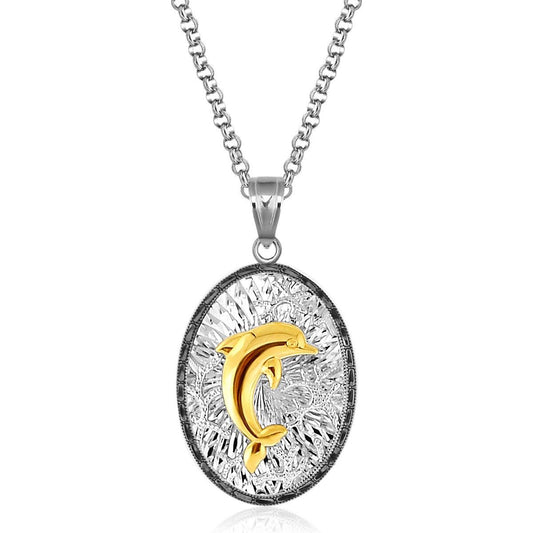 Designer Sterling Silver and 14K Yellow Gold Dolphin Pendant with Black Crystal