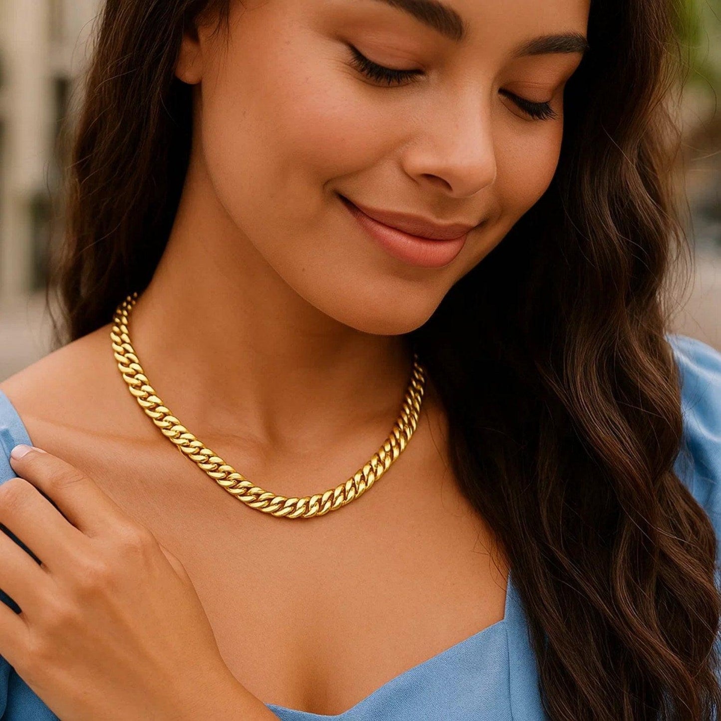 14k Yellow Gold Cuban Chain Choker Necklace
