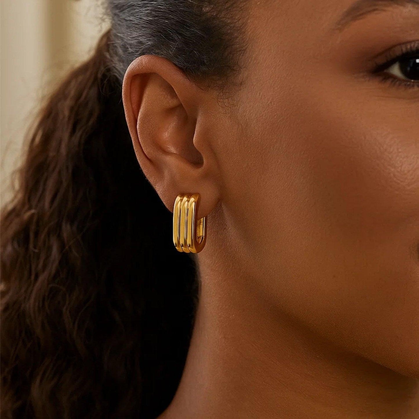 14K Yellow Gold Fancy Oval Triple Row Hoop Earrings