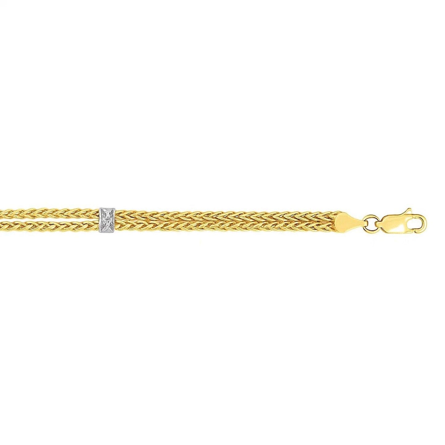 14k Two-Tone Gold Dual Wheat Chain Bracelet with Diamond Stations (3.75 mm)