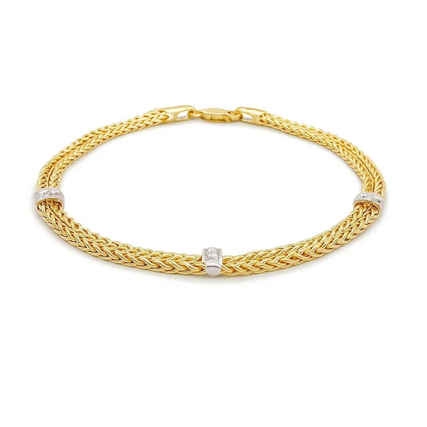 14k Two-Tone Gold Dual Wheat Chain Bracelet with Diamond Stations (3.75 mm)