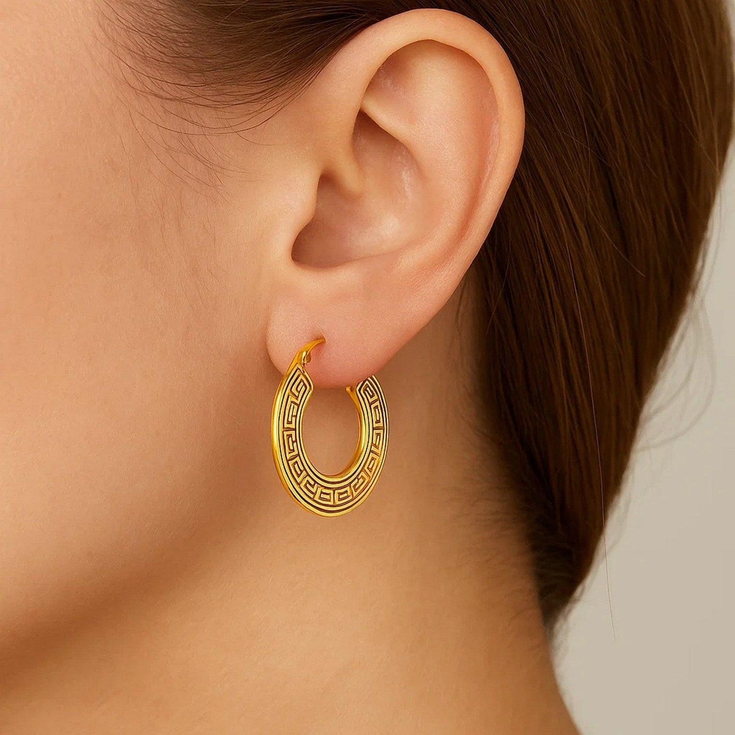 10k Yellow Gold Greek Key Small Hoop Earrings