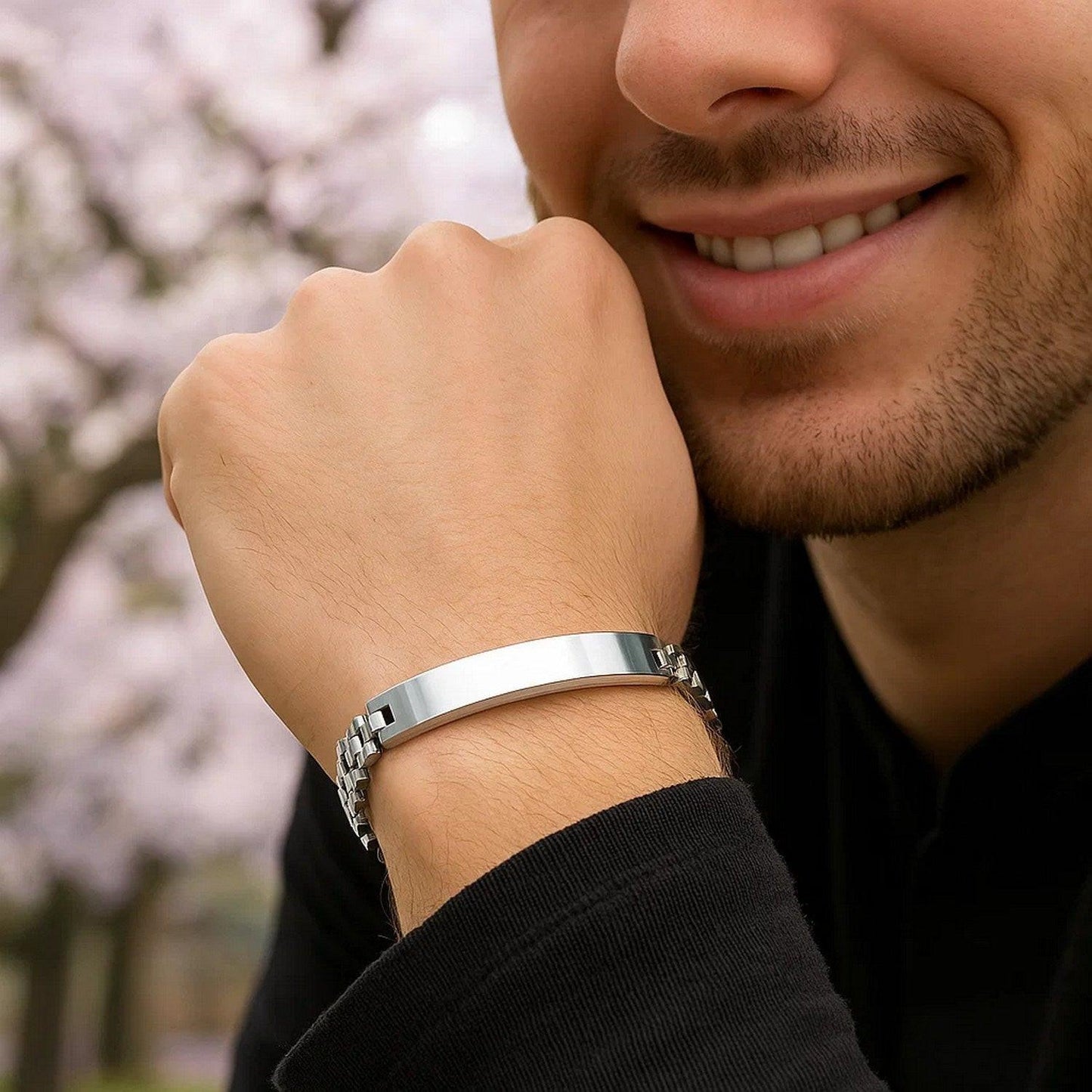 Sterling Silver Rhodium Plated Railroad Chain ID Bracelet