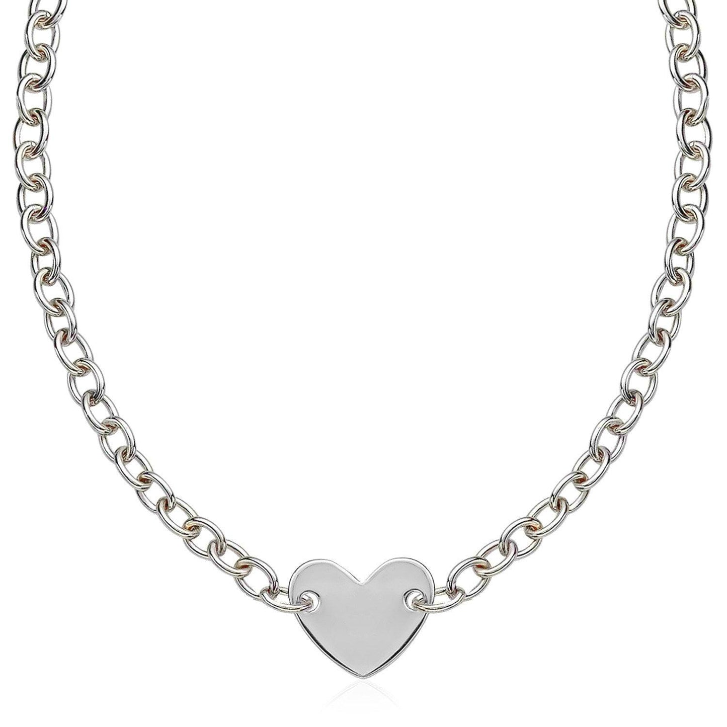 Sterling Silver Rhodium Plated Chain Bracelet with a Flat Heart Motif Station