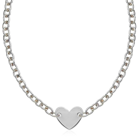 Sterling Silver Rhodium Plated Chain Bracelet with a Flat Heart Motif Station