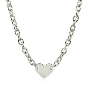 Sterling Silver Rhodium Plated Chain Bracelet with a Flat Heart Motif Station