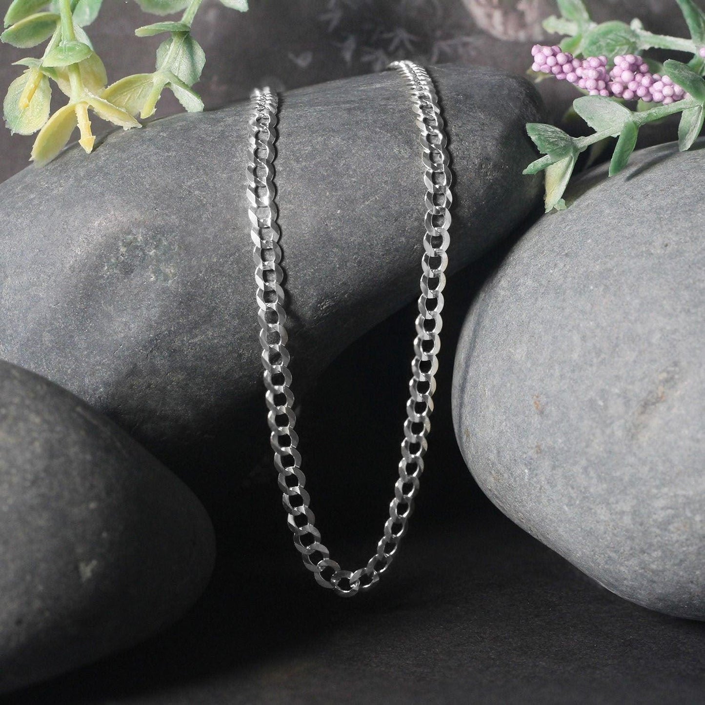 Rhodium Plated 3.7mm Sterling Silver Curb Style Chain (3.70 mm)