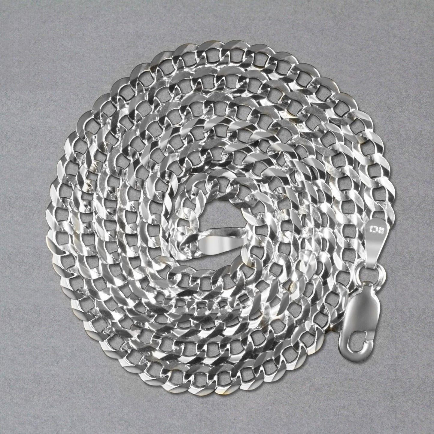 Rhodium Plated 3.7mm Sterling Silver Curb Style Chain (3.70 mm)