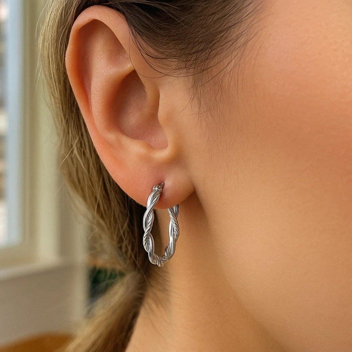 Sterling Silver Oval Hoop Braided Diamond Cut Earrings(4x22mm)