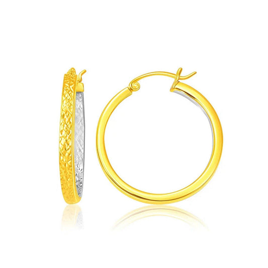 Two-Tone Yellow and White Gold Medium Patterned Hoop Earrings(3x30mm)