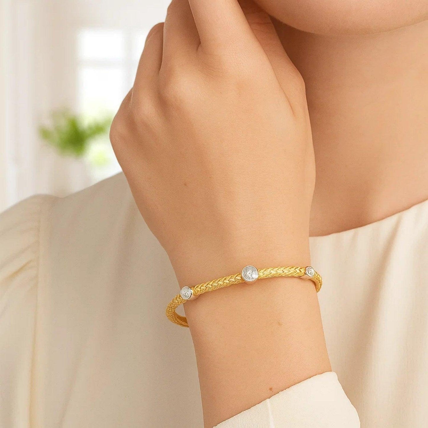 14k Two-Tone Gold Diamond Accent Station Basket Weave Bracelet (3.80 mm)