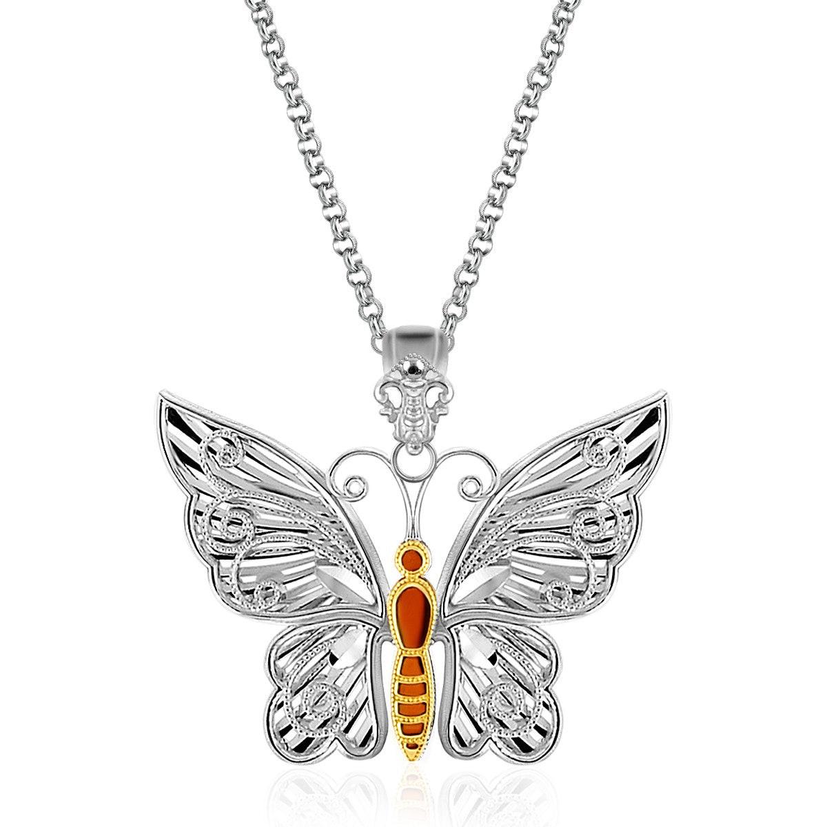 Designer Sterling Silver and 14K Yellow Gold Butterfly Pendant