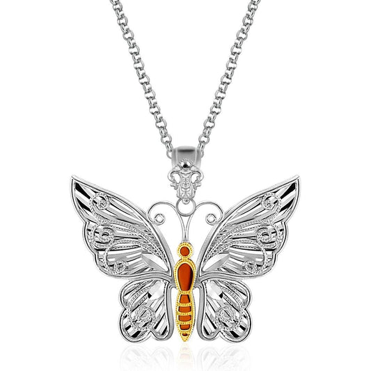 Designer Sterling Silver and 14K Yellow Gold Butterfly Pendant