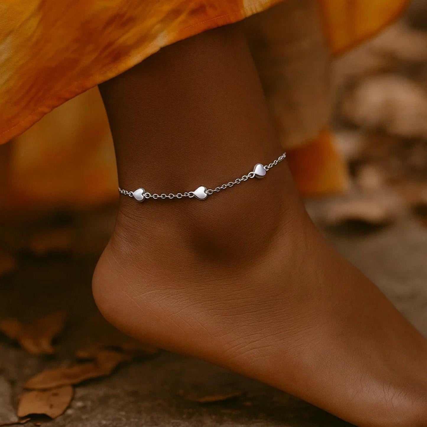 14k White Gold Anklet with Puffed Heart Design