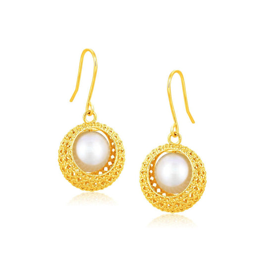 Italian Design 14K Yellow Gold Crochet Earrings with Cultured Pearl