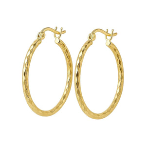 14k Yellow Gold Slender Hoop Earring with Diamond-Cut Finish (25mm Diameter)