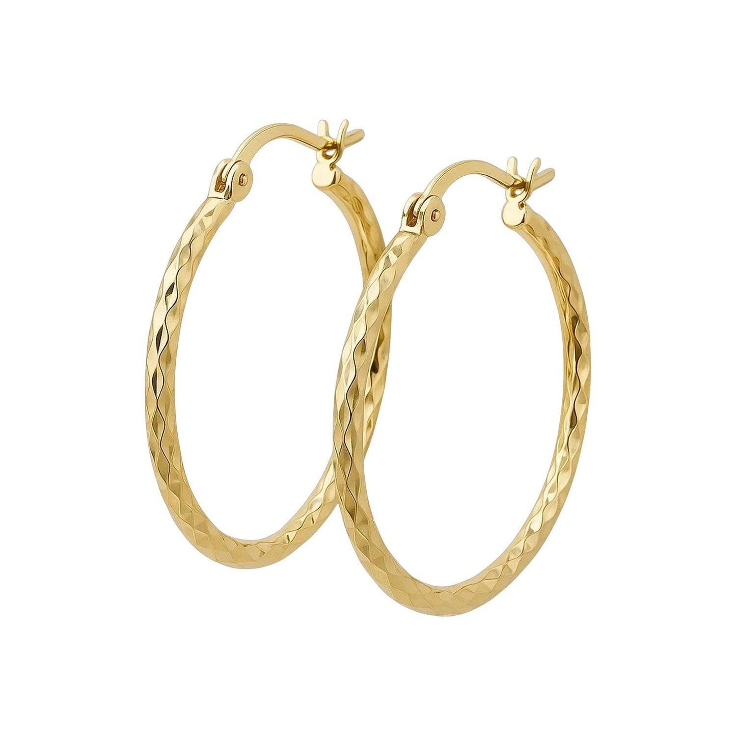 14k Yellow Gold Slender Hoop Earring with Diamond-Cut Finish (25mm Diameter)
