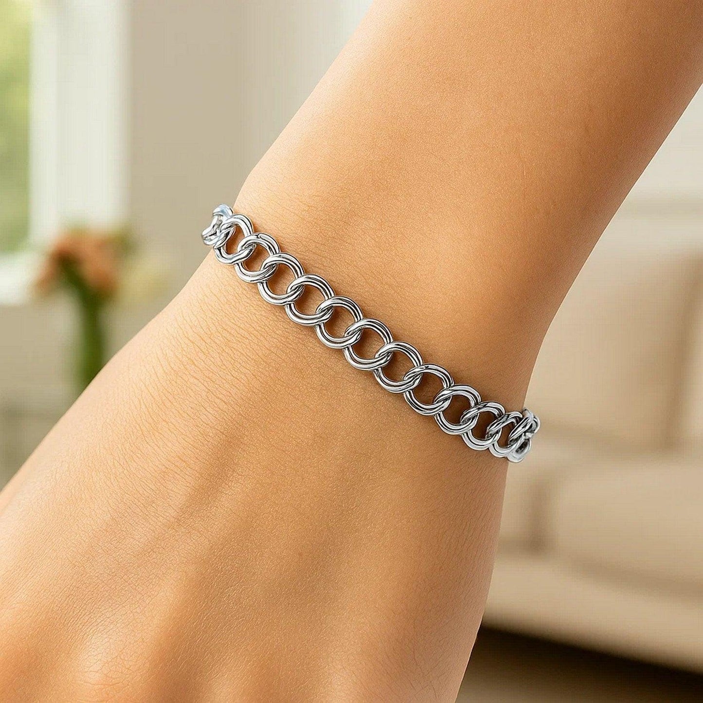 14k White Gold Solid Double Link Charm Bracelet (5.00 mm)