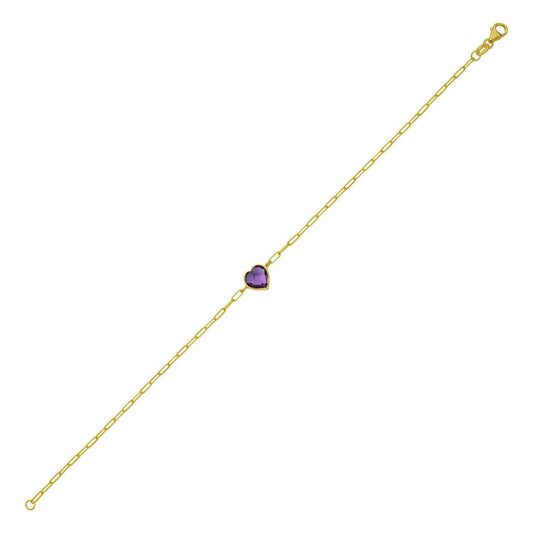 14K Yellow Gold Amethyst Heart Bracelet (1.50 mm)