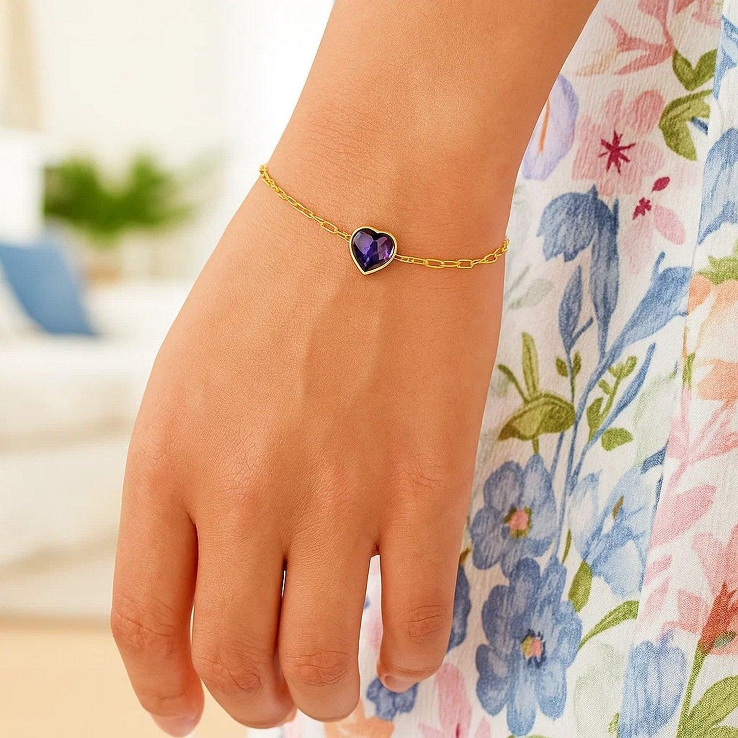 14K Yellow Gold Amethyst Heart Bracelet (1.50 mm)