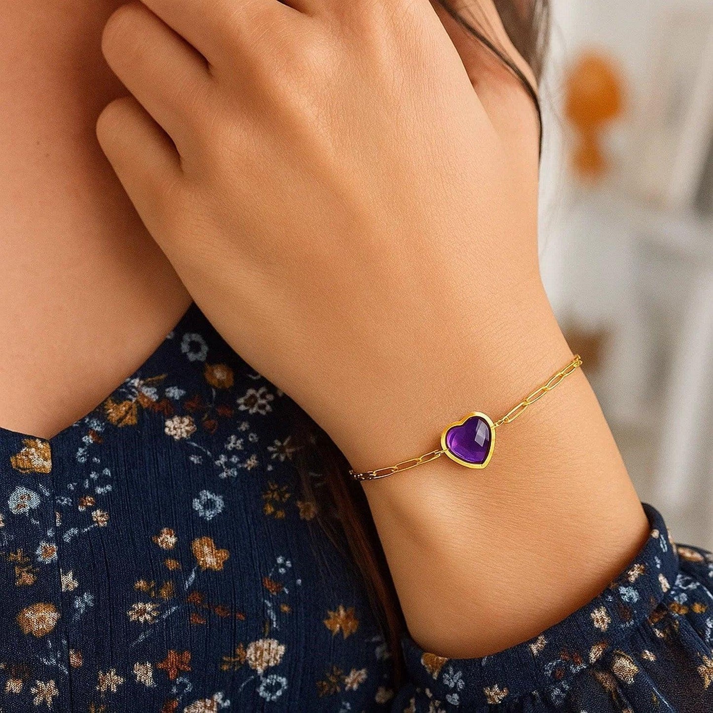 14K Yellow Gold Amethyst Heart Bracelet (1.50 mm)