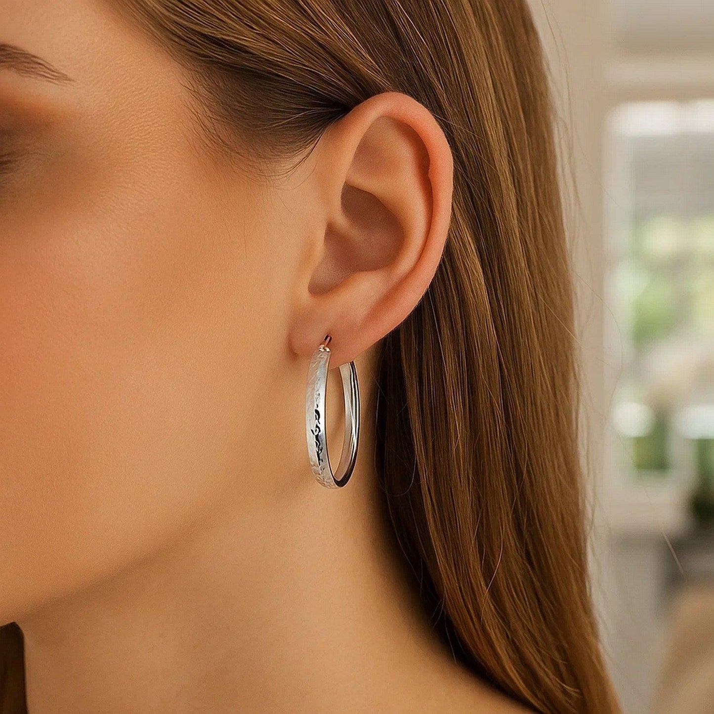 Sterling Silver Hammered Style Hoop Earrings with Rhodium Plating (4x30mm)