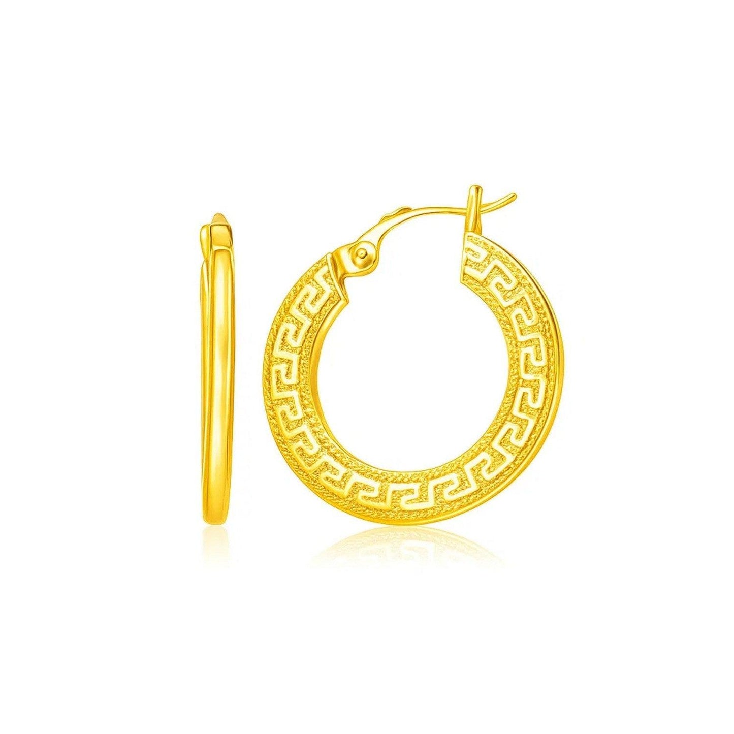 14k Yellow Gold Greek Key Medium Hoop Earrings with Flat Sides
