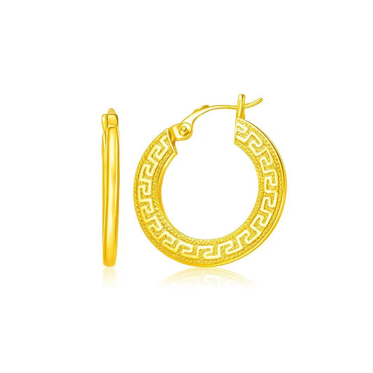 14k Yellow Gold Greek Key Medium Hoop Earrings with Flat Sides