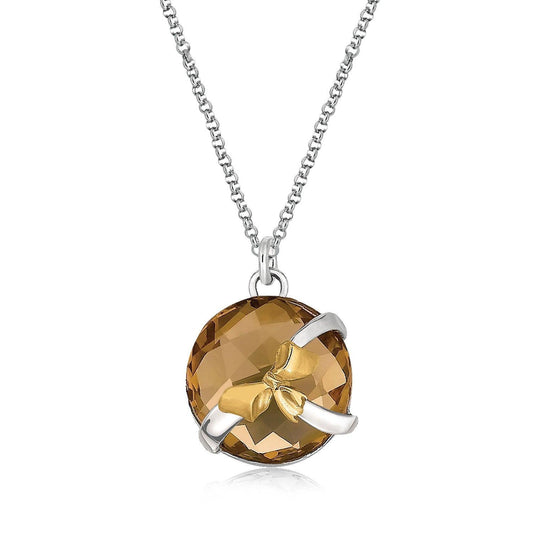 18K Yellow Gold and Sterling Silver Bow Design Round Whiskey Quartz Pendant