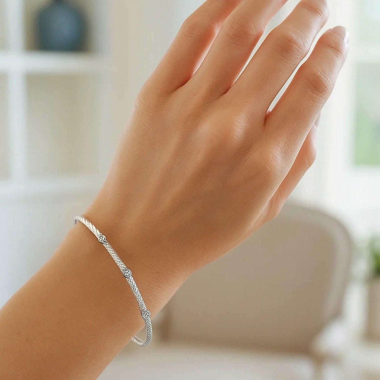 14k White Gold Diamond Accent Station Basket Weave Bracelet (3.00 mm)