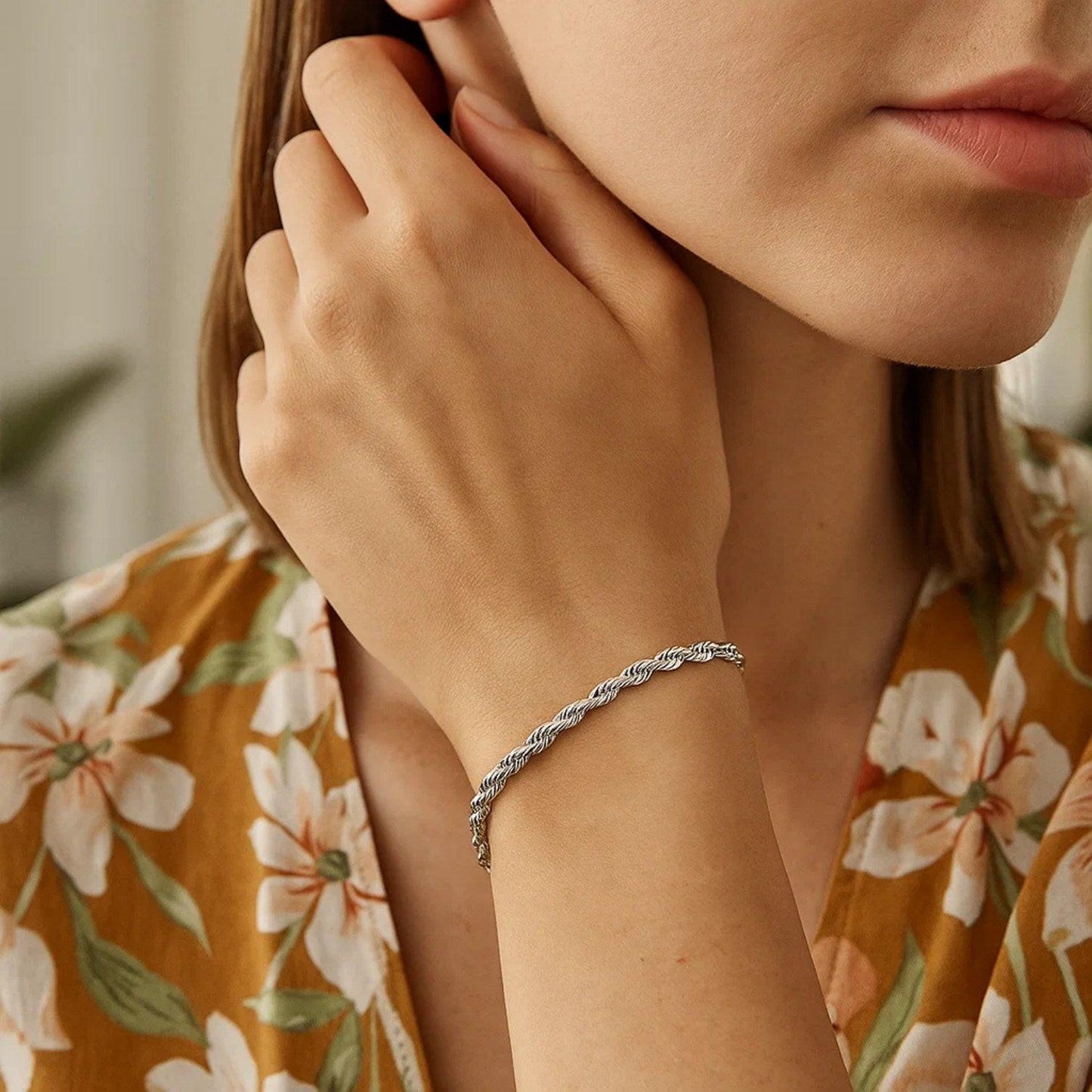 14k White Gold Solid Diamond Cut Rope Bracelet (3.00 mm)