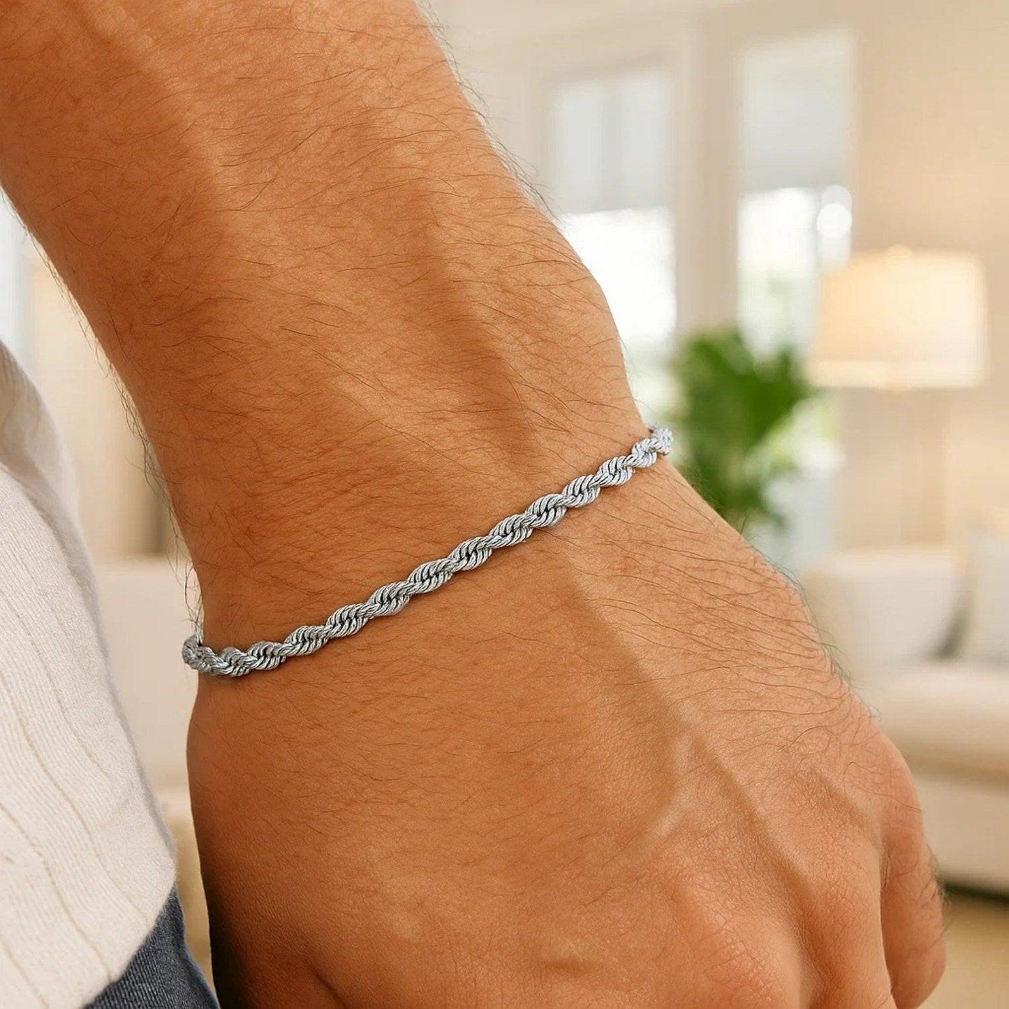 14k White Gold Solid Diamond Cut Rope Bracelet (3.00 mm)
