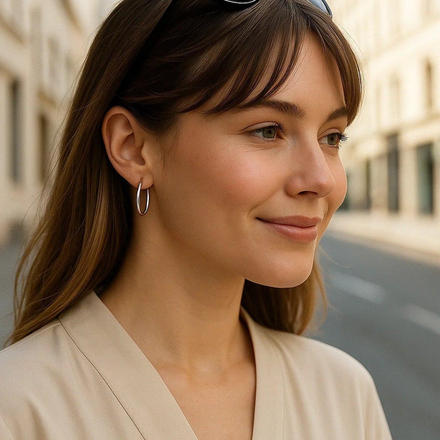 14k White Gold Polished Hoop Earrings (2x20mm)