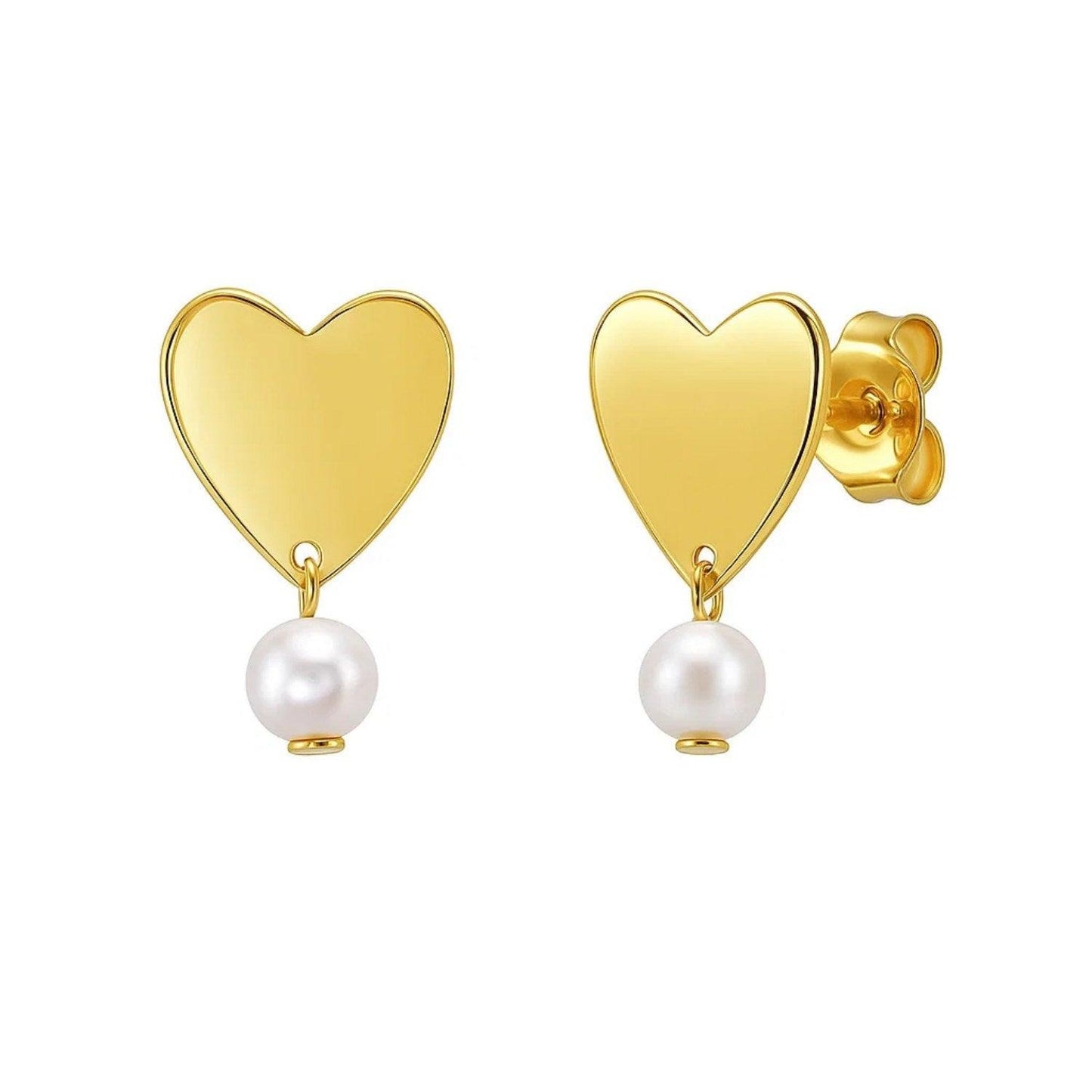 Heart and Pearl Drop Stud Earrings in 14K Yellow Gold