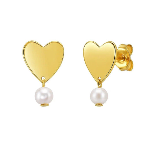 Heart and Pearl Drop Stud Earrings in 14K Yellow Gold