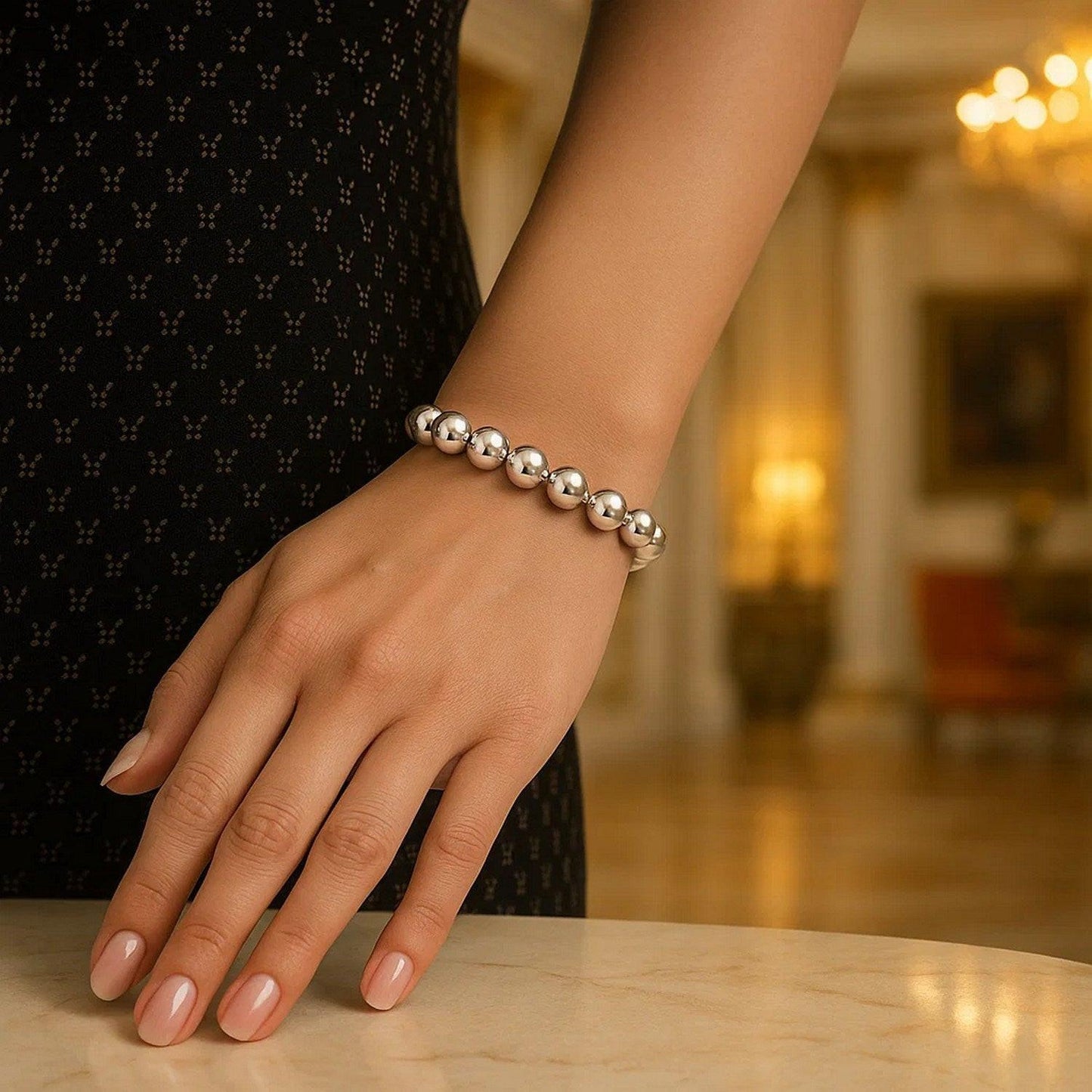 Rhodium Plated Sterling Silver Bold Bead Bracelet (10.00 mm)