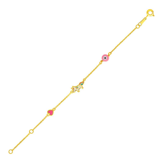14k Yellow Gold Childrens Bracelet with Enameled Heart Unicorn and Circle