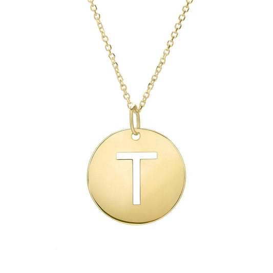14K Yellow Gold Disc Initial T Pendant