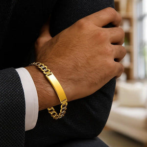 14k Two Tone Gold Mens Curb Chain ID Bracelet with White Pave (8.30 mm)