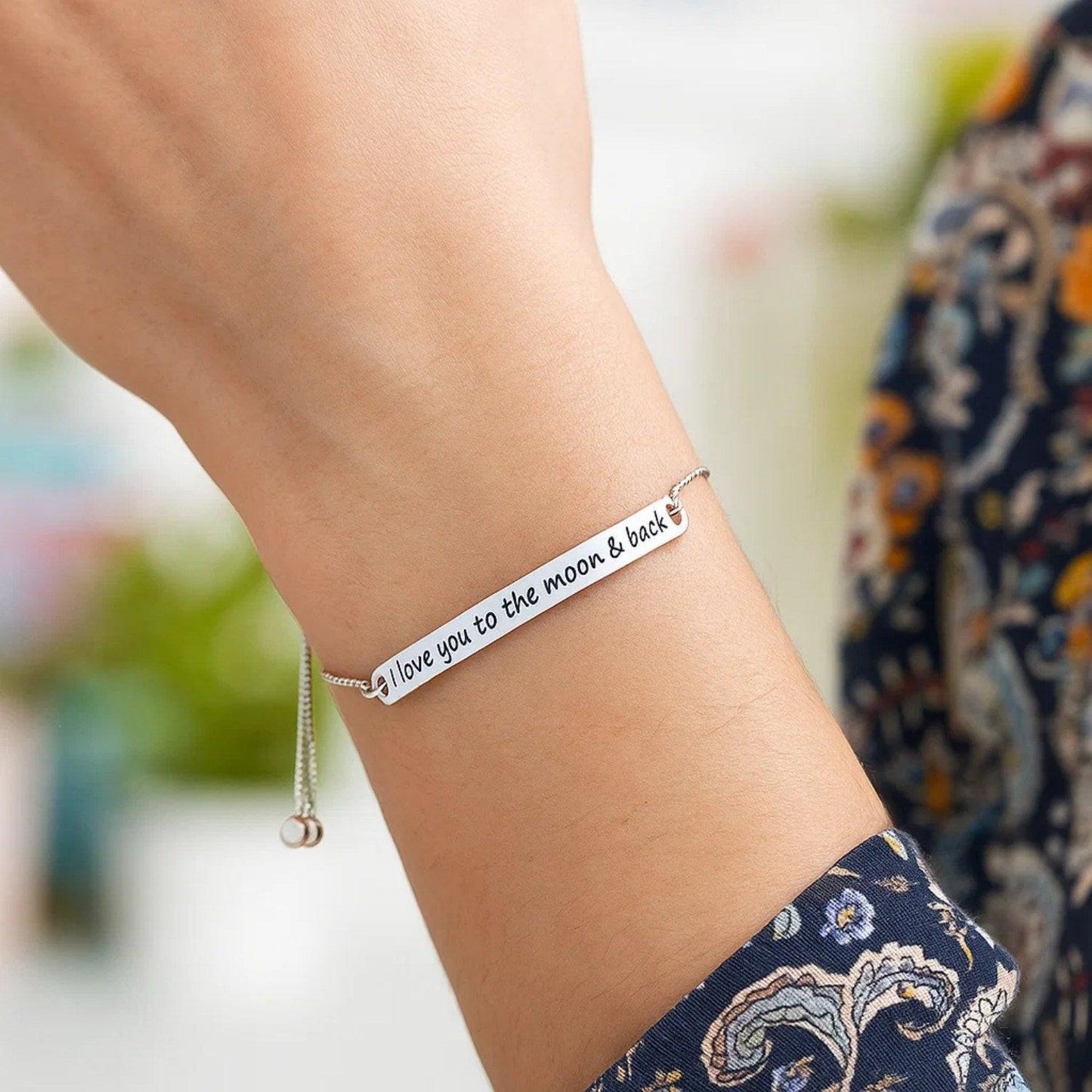 Sterling Silver Adjustable I Love You to the Moon and Back Bracelet (1.20 mm)