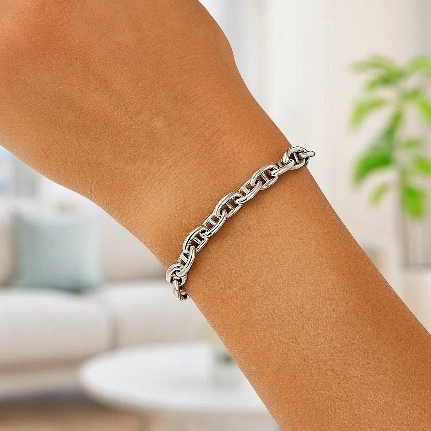 Sterling Silver Rhodium Plated Puffed Mariner Bracelet (5.90 mm)