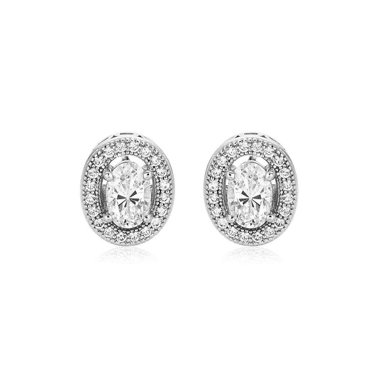 Sterling Silver Beaded Oval Bezel Set Cubic Zirconia Earrings