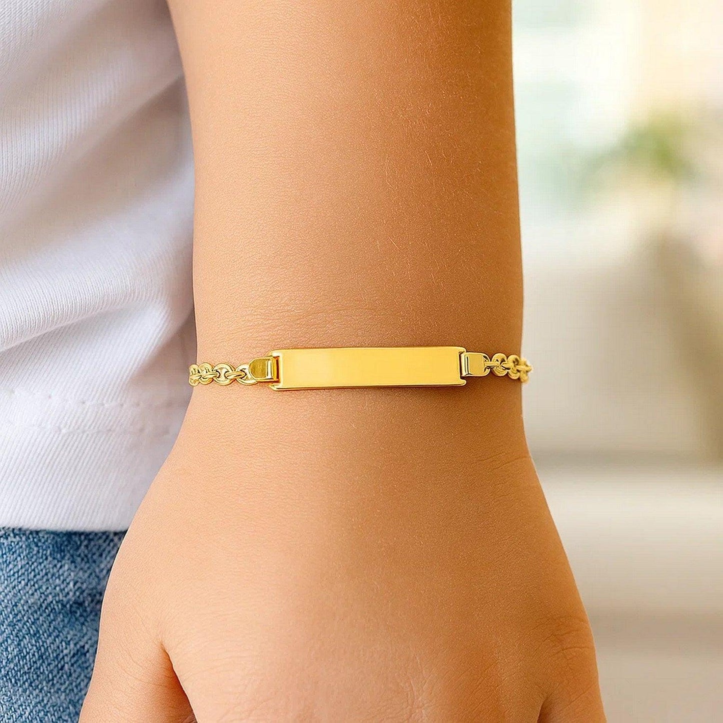 14k Yellow Gold Puffed Mariner Link Childrens ID Bracelet (3.30 mm)