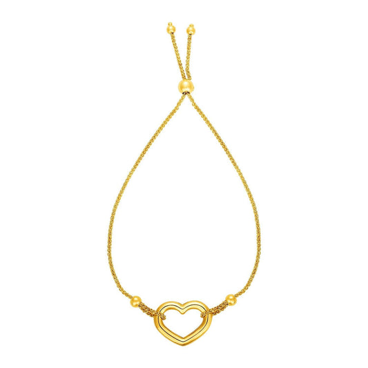 Adjustable Bracelet with Shiny Open Heart in 14k Yellow Gold (1.00 mm)