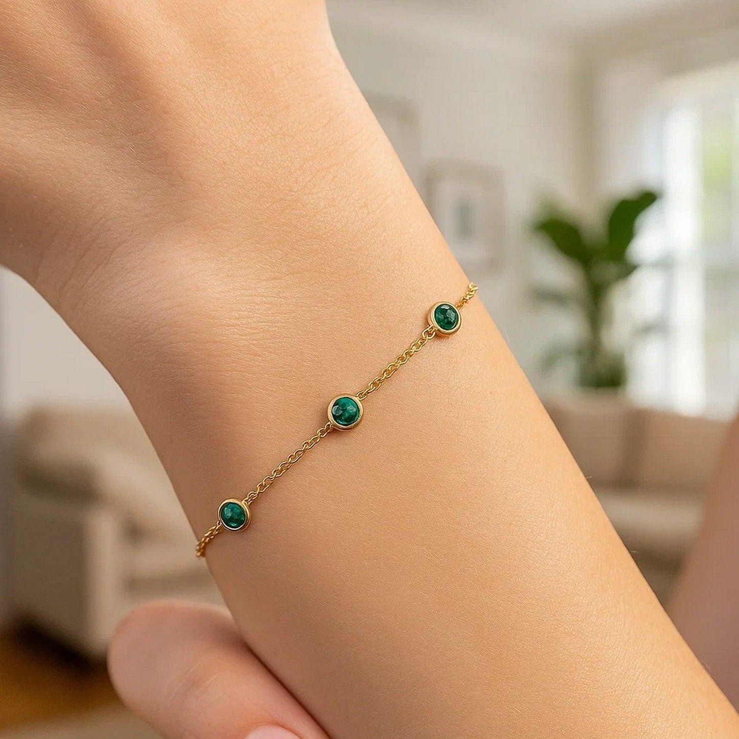 14K Yellow Gold Emerald Station Bracelet