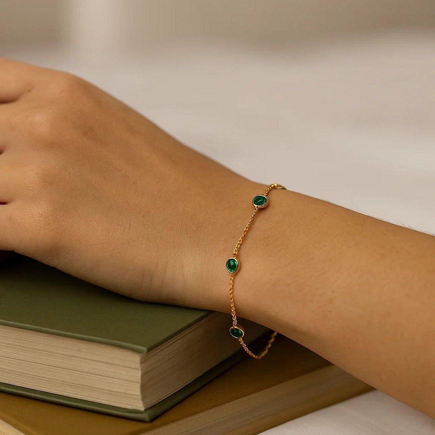 14K Yellow Gold Emerald Station Bracelet